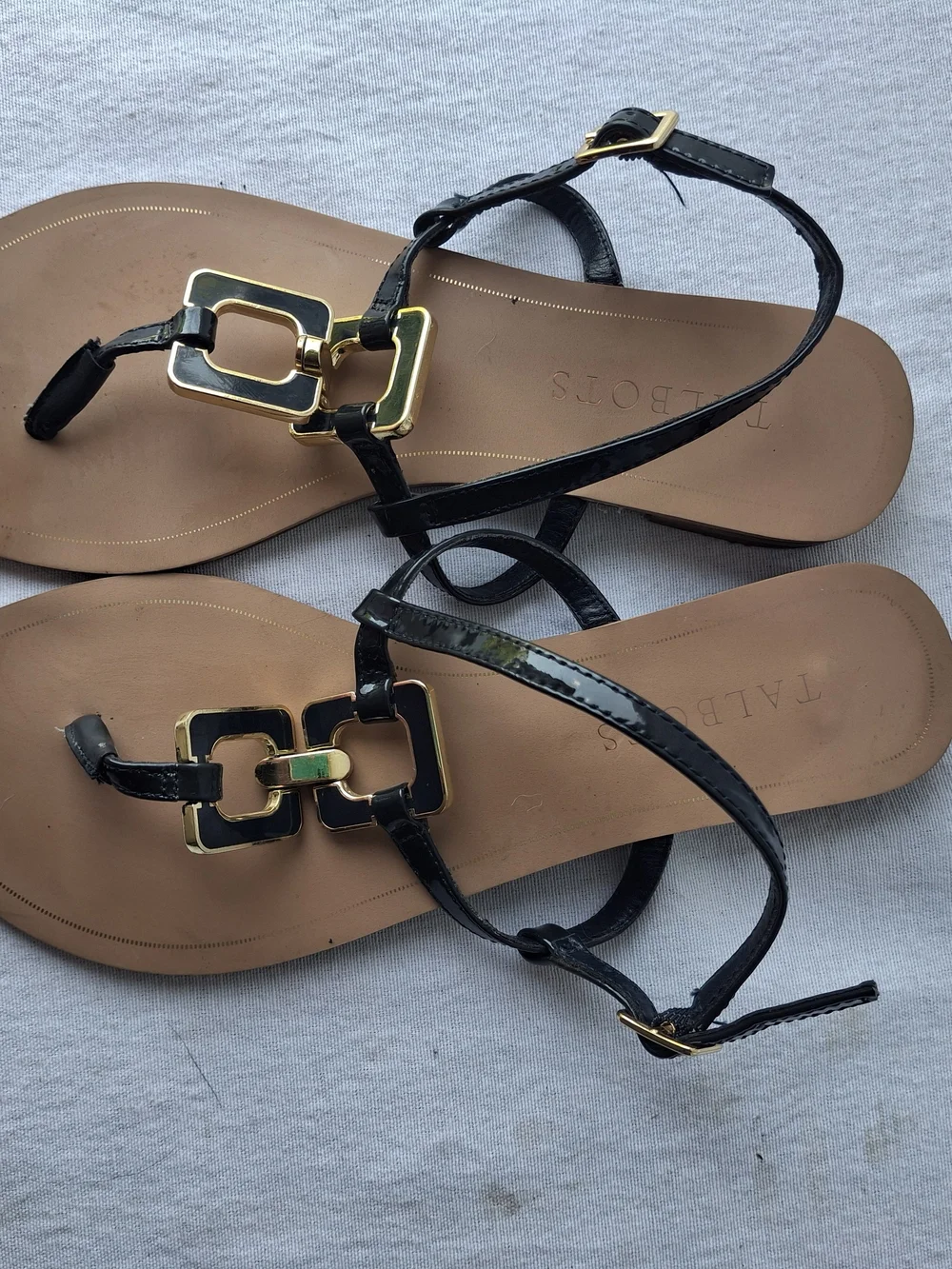 Talbots Black Patent Leather T-Strap Sandals with Gold Accents